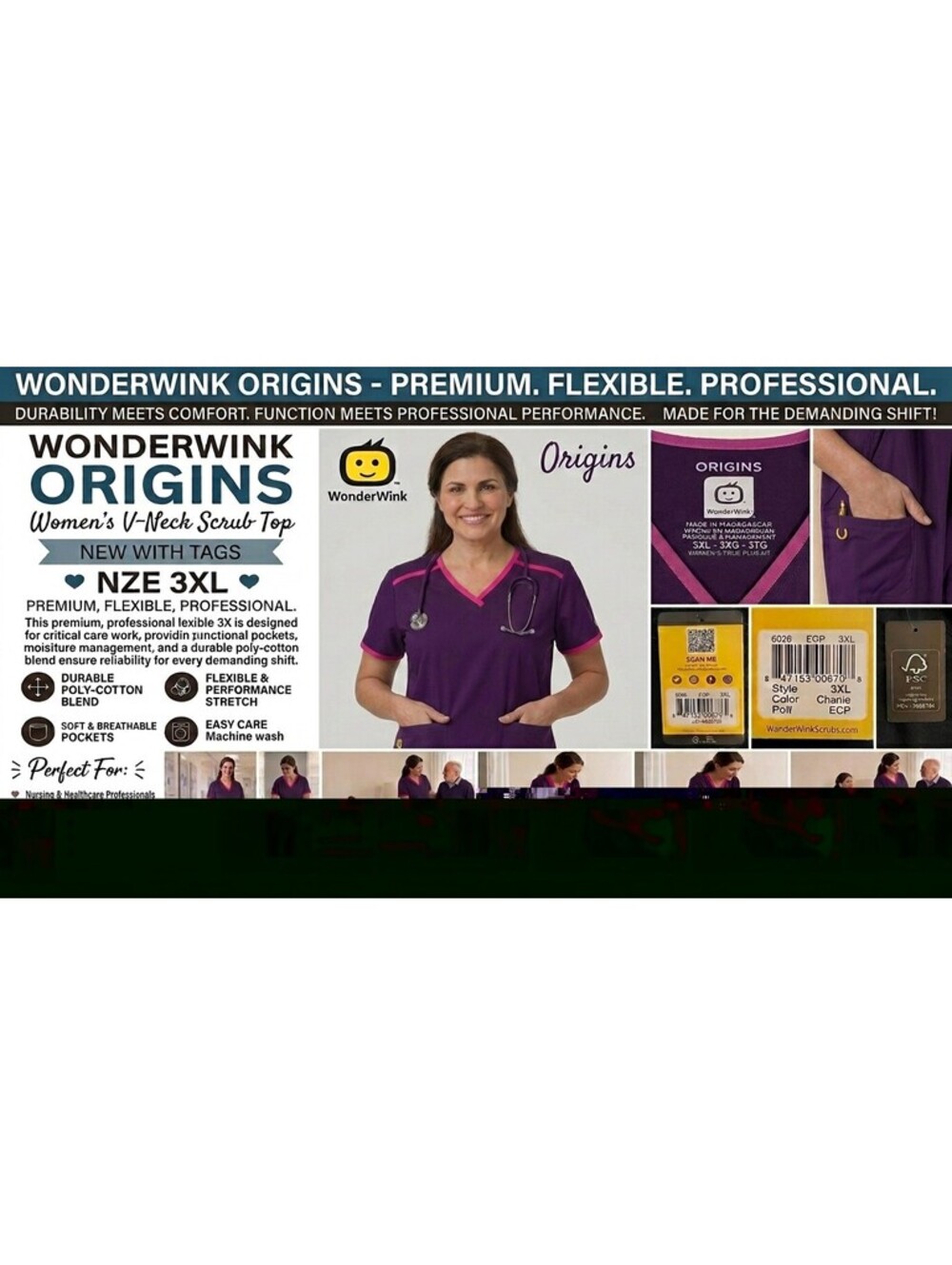 WonderWink Origins Scrub Top Womens 3XL Dark Purple With Pink Y-Neck Pockets